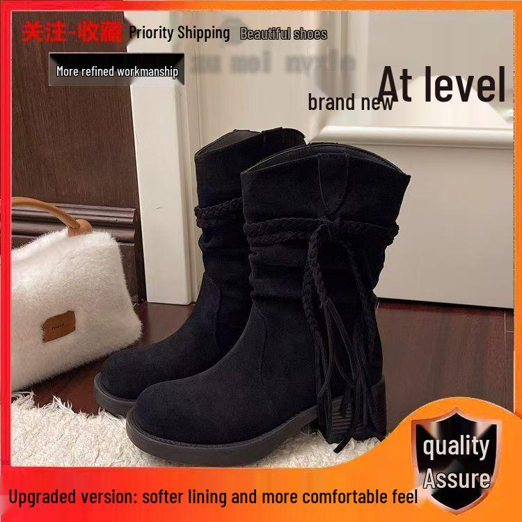 

Сапоги рыцаря с кисточками Пустоши: Осень 2025 Массивный каблук Мягкая замша Свободные полусапоги до середины икры V-образный вырез Ковбойские сапоги 35