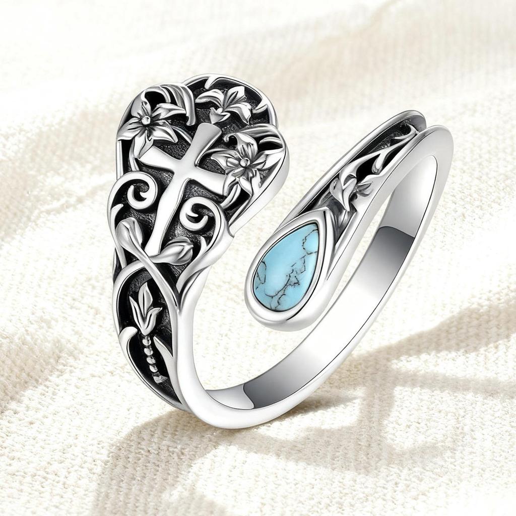 Elegant Adjustable Women's Cross Ring with Teardrop Turquoise - Versatile Hand Jewelry