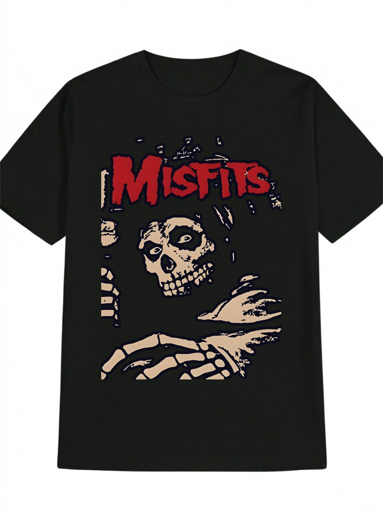 MISFITS Gothic Skeleton Graphic T-shirt - Black with Red Punk Rock Design - Lightweight Round Neck Tee for Concerts XXL