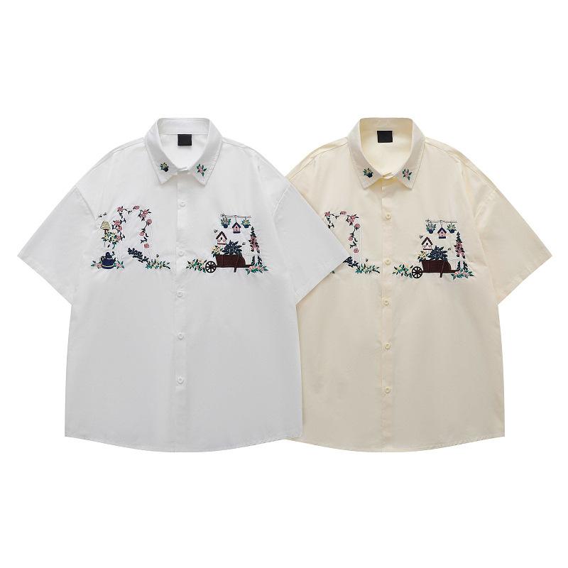 Japanese retro college style fun plant flower embroidered short-sleeved shirt men's and women's loose American shirt 2025 summer