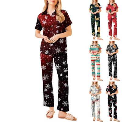 Women's Christmas Print Pajama Set Women's Short Sleeve Long Pants Two-piece Set Button-up Home Clothes