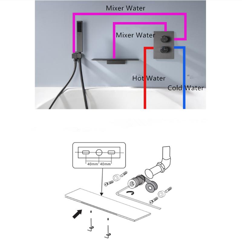 Tuqiu Gray Bathtub and Shower Faucet Set Brass Bathtub Waterfall Fauct Tap Mixer With Handheld Waterfall Bathtub Tap
