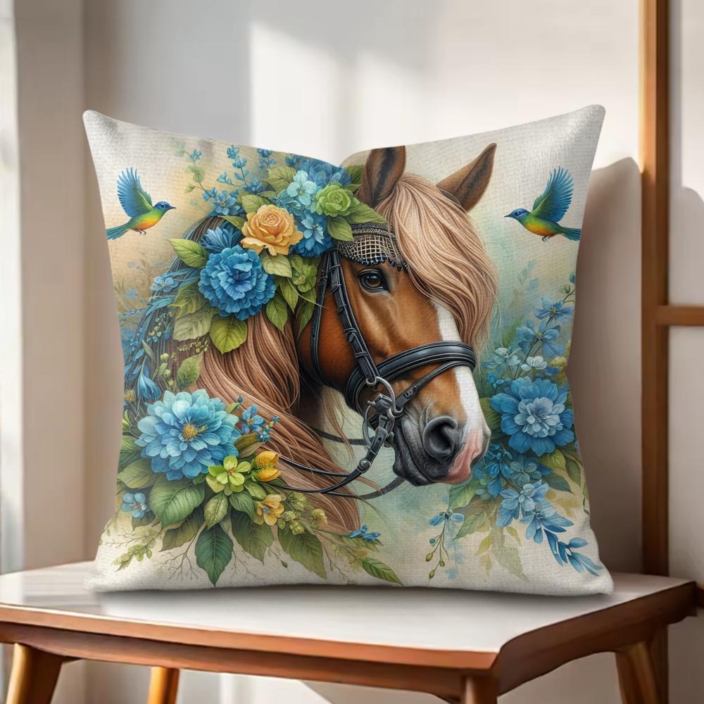 Watercolor Horse Floral Cushion Cover Natural Linen Organic Fabric DoubleSided Printing Couch Pillow Covers Home Decor