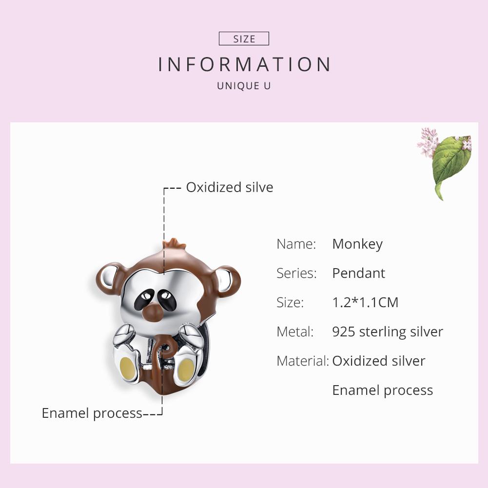 WOSTU 925 Sterling Silver Naughty Monkey zvieracie korálky Brown Charms Fit originálny náramok náhrdelník