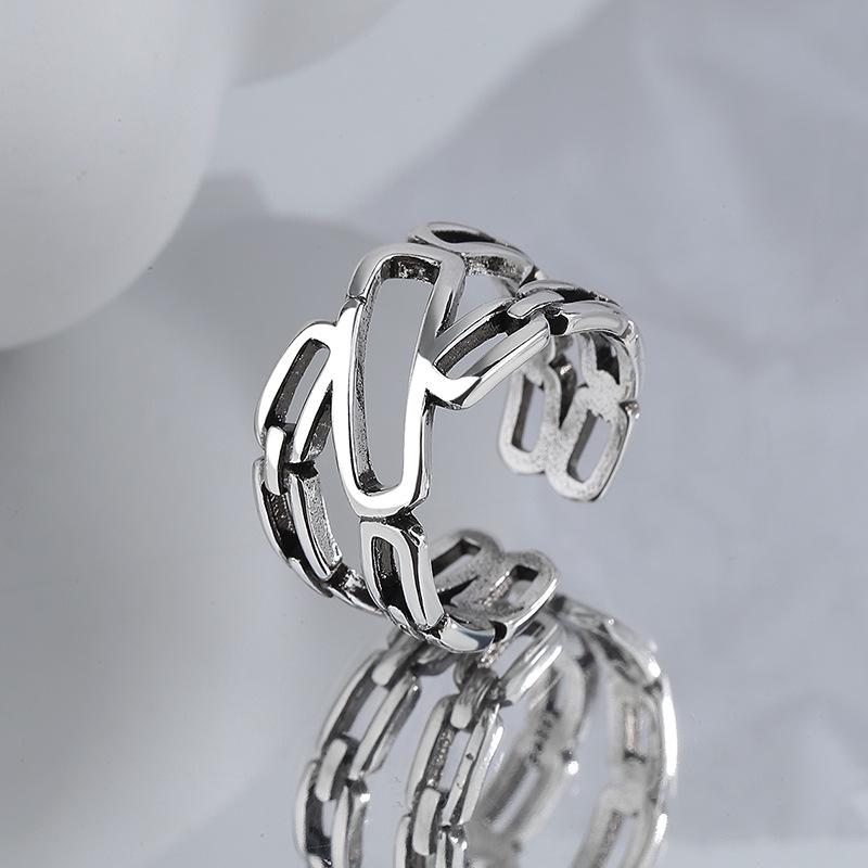 Retro Blackened S925 Sterling Silver Thai Hollowed-Out Ring for Women - High-End European Style