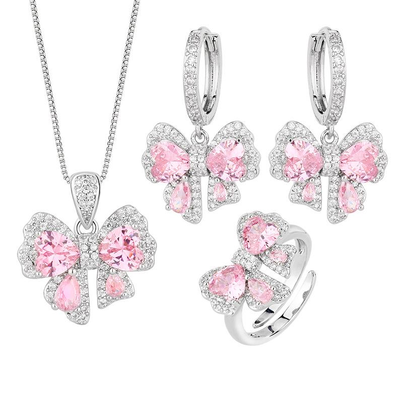Huamei Jewelry Set Earrings Ring Pendant Pink Inlaid Butterfly Shaped Sweet Wind Female Style