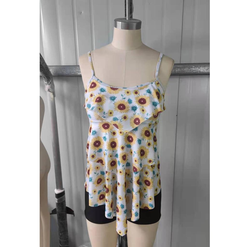 Two Piece Floral Print Women Swimsuit with Padded Bra Tankini Top and Swim Shorts Set for Beach Pool Water Activities