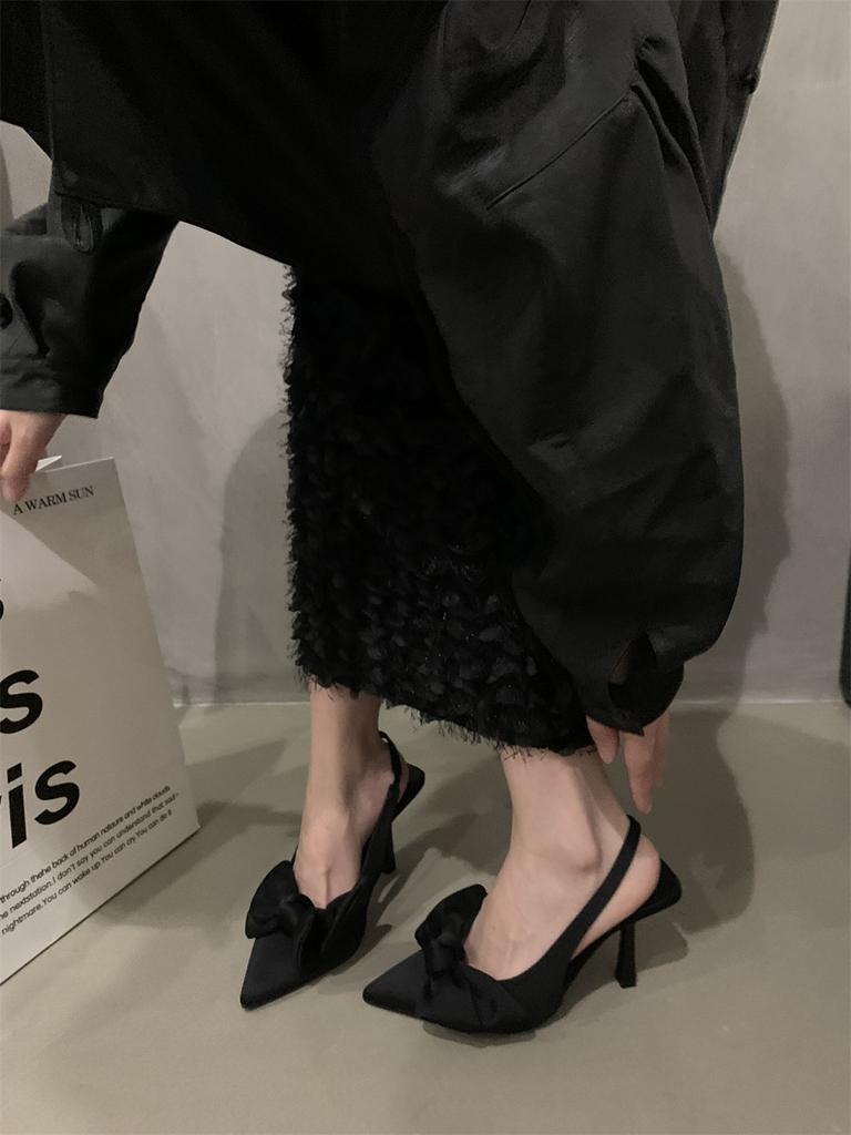 Fairy Style Sandals with Skirt French Bag Head Single Shoes Evening Style Bow Pointed Head Stiletto High Heels Spring Women's Shoes