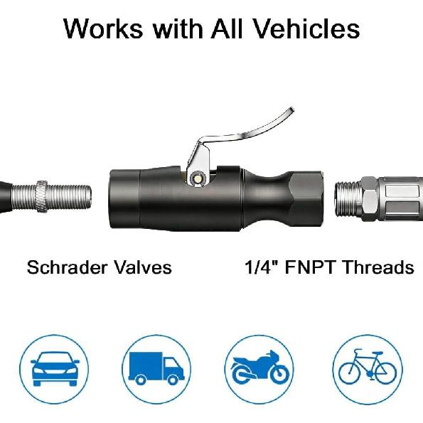 Air Chuck, No Leakage Double Jaws Lock-On Tire Inflator Chuck, Closed Flow Tire Chuck with Clip, Inflator Gauge & Air Compressor Accessories, 1/4"