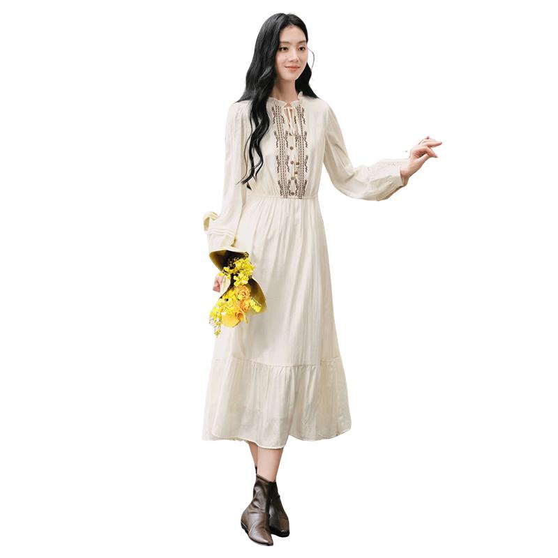 Xiangying Women's Ethnic Embroidered Tie-Neck Dress