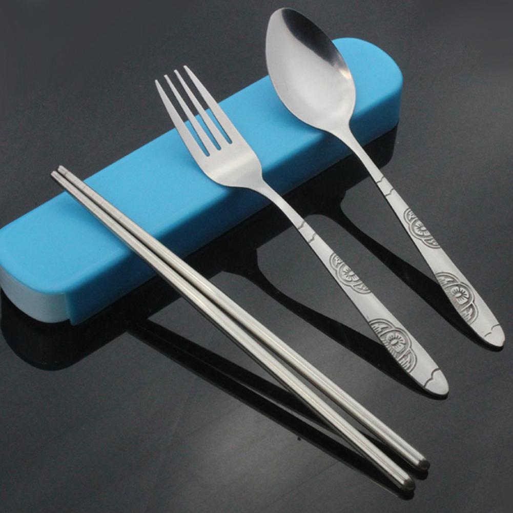 

Stainless Steel Portable Cutlery Set Spoon Fork Chopsticks Dinnerware for Travelling Business Trip blue Spoon fork chopsticks#1