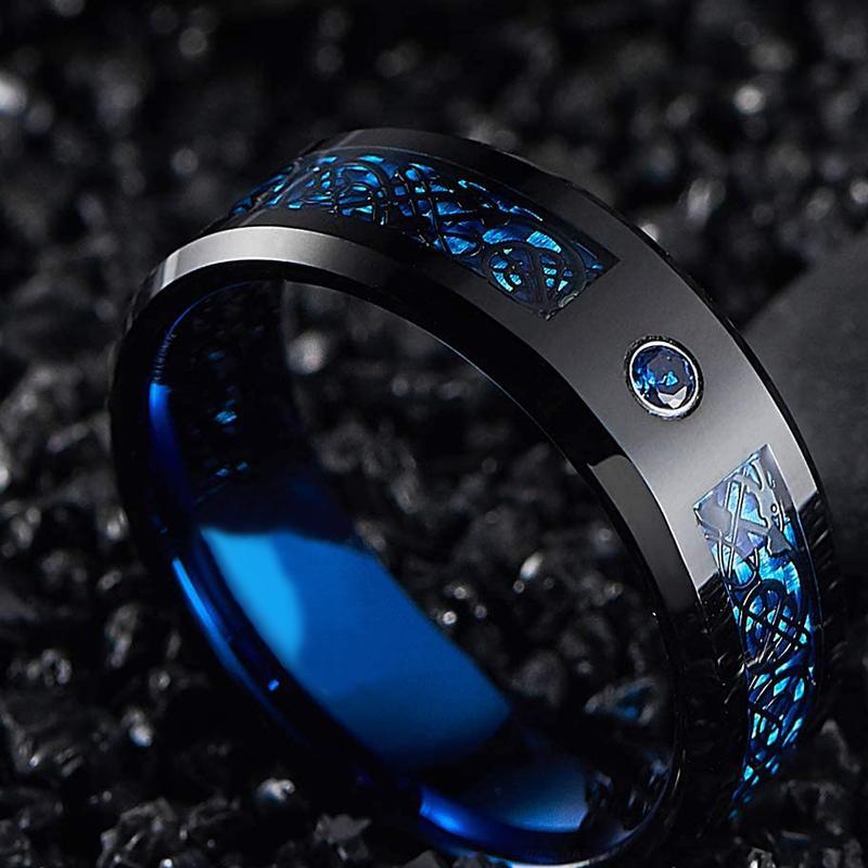 Moda 8mm masculino vermelho sulco borda chanfrada aço inoxidável celta dragão anel zircon inlay vermelho anel de fibra carbono masculino casamento banda