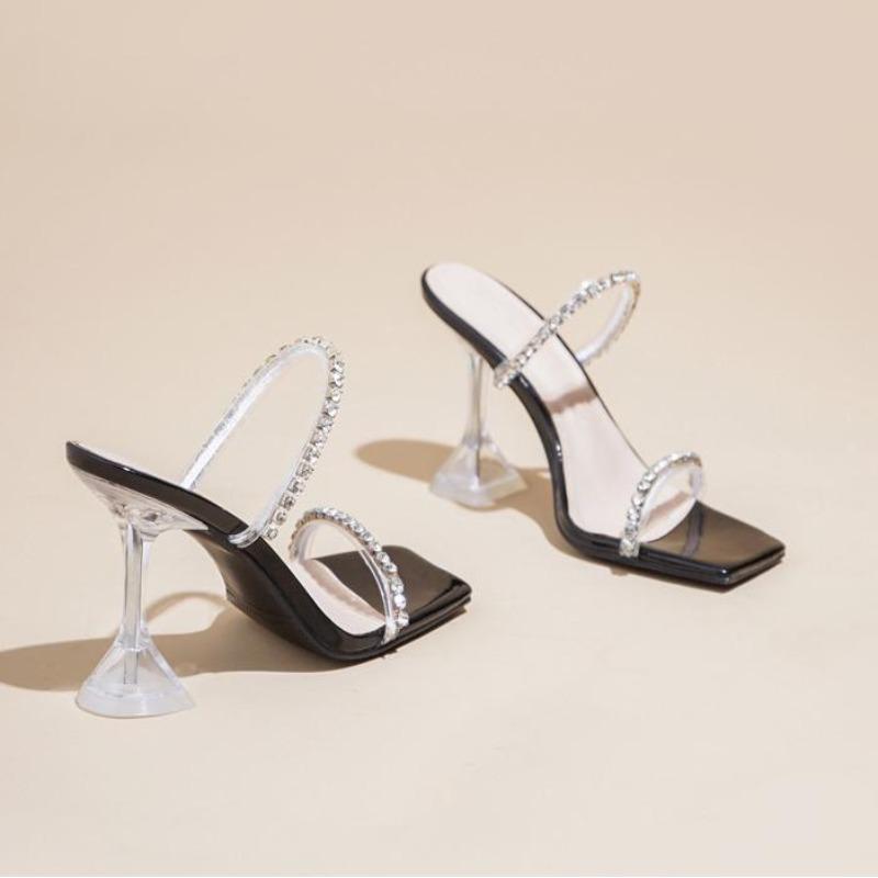 Fashion New Summer Sexy Fashion Open Toe Women's Sandals Water Diamond Shining Square Headed Banquet Women's High Heels Large Design
