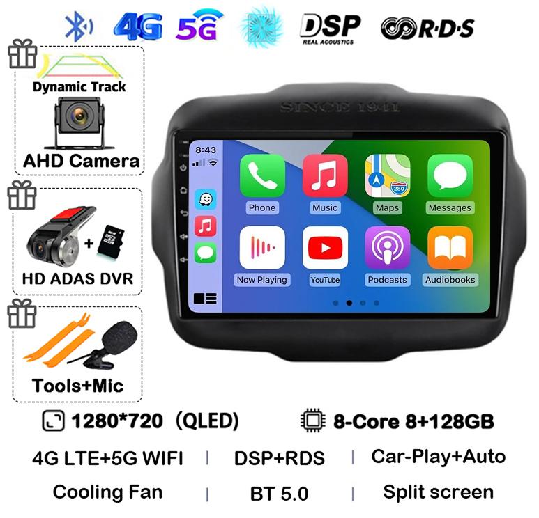 Android 14 Auto Carplay WIFI+4G LTE Car Radio For Jeep Renegade 2016 2017 2018 2019 2020 Multimedia Player GPS Stereo 360 Camera