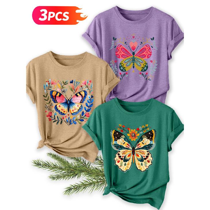 Three-piece Set Vintage Butterfly Print Short-sleeve Retro Round Neck T Fresh and Natural Style Loose-fitting Shirt 2026 Elegant Spring and Summer