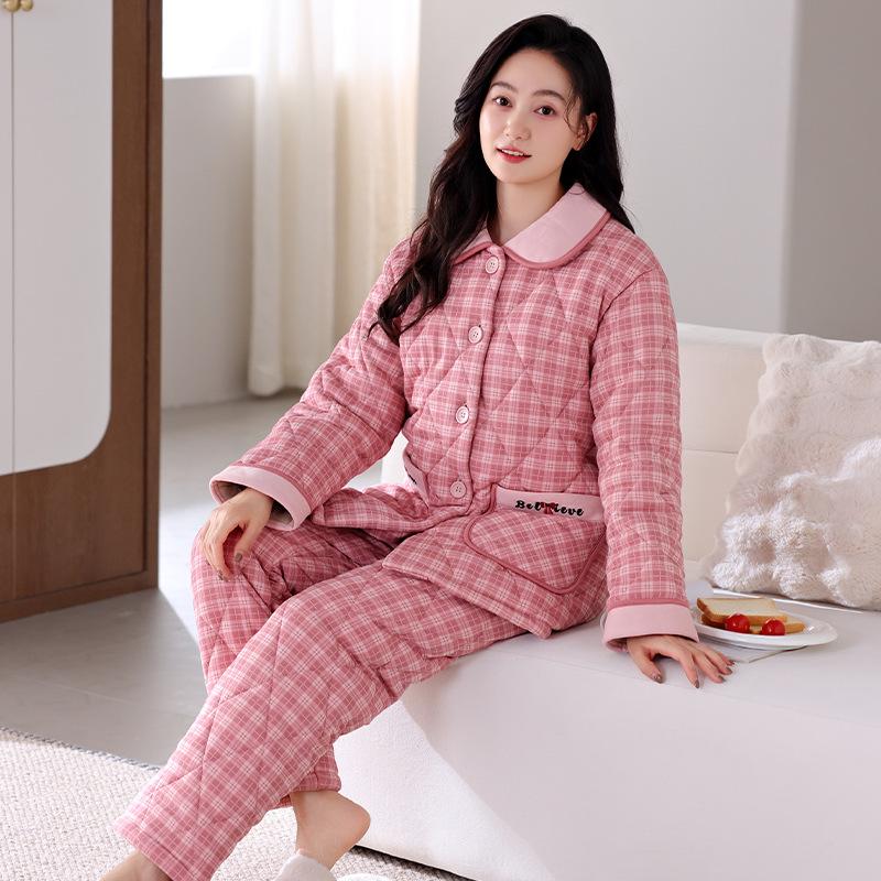 Pure Cotton Padded Pajamas Women'S Winter Three-Layer Thickened Velvet Autumn And Winter Warm Loungewear Set