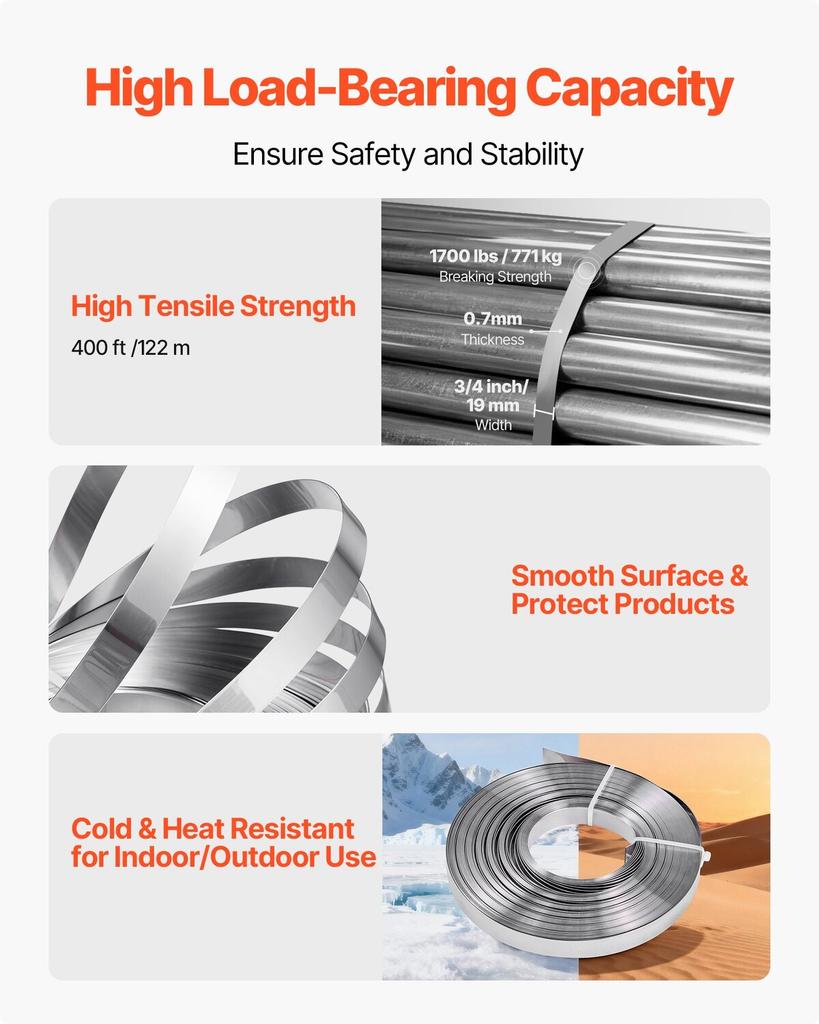 Steel Banding Strapping Kit, Heavy Duty Banding Sealer Tool with 122 M Binding Straps, 400 Metal Clasps, Manual Pallet Packaging Strapping Kit for