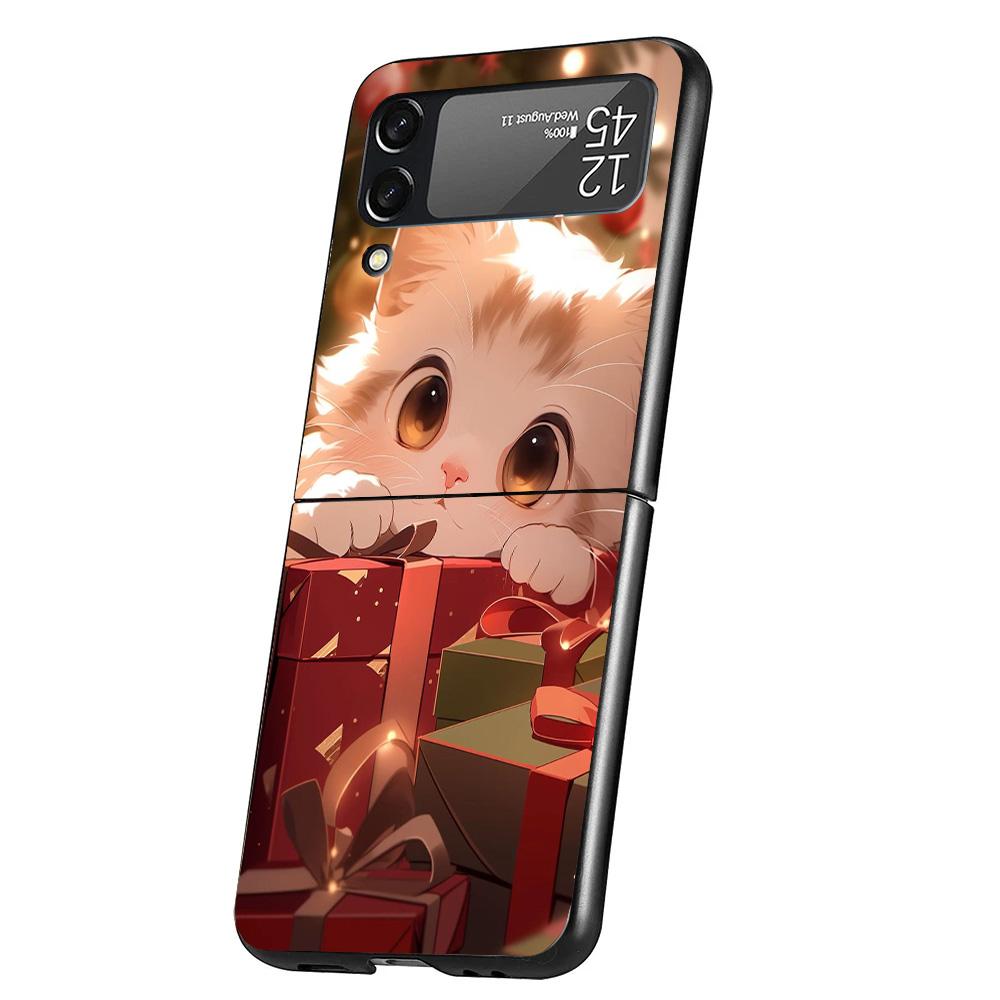 Cat Cute Kitten Cartoon Case Phone Cover for Samsung Galaxy Z Flip 7 6 5 4 3 5G ZFlip7 ZFlip6 ZFlip5 ZFlip4 ZFlip3 Black Fundas