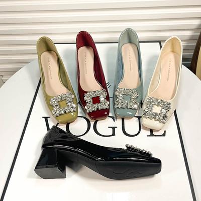 5881-12 Shallow Mouth Square Head Rhinestone Square Buckle Single Shoes Women's Medium Heel Four Seasons Women's Shoes New Professional Patent Leather