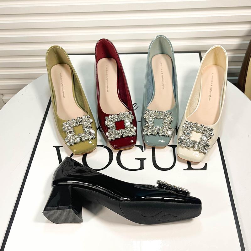 

5881-12 shallow mouth square head rhinestone square buckle single shoes women s medium heel four seasons women s shoes new professional patent leather 34