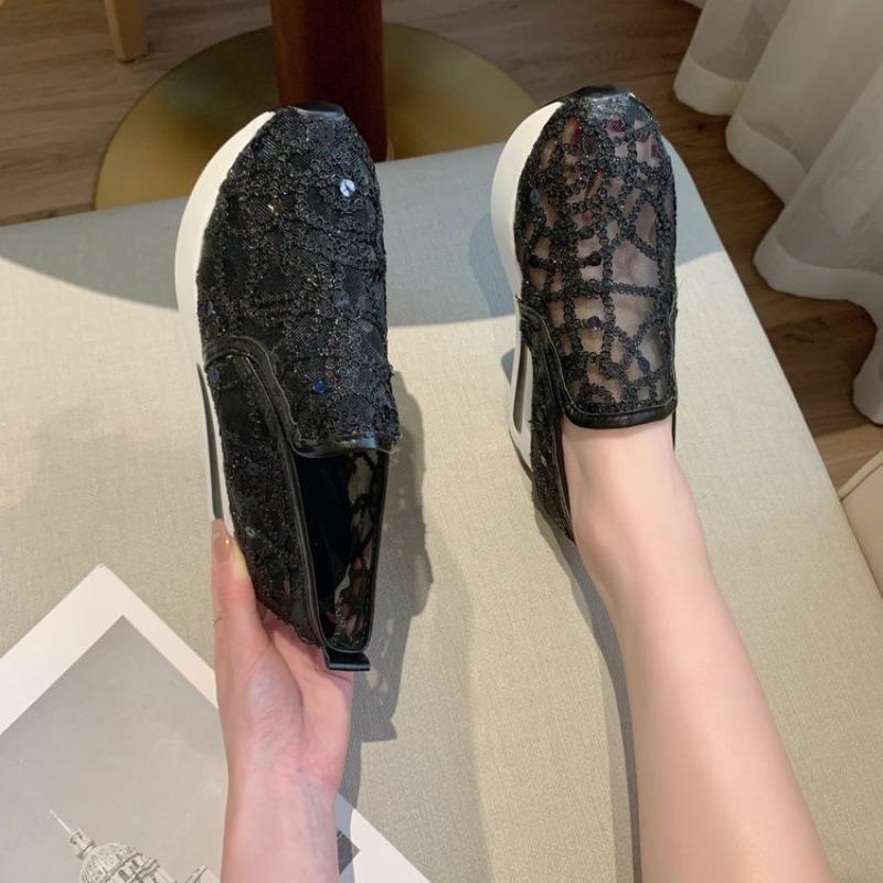 Women's fashion flat bottom inner height increase mesh yarn breathable casual single shoes support platform one piece