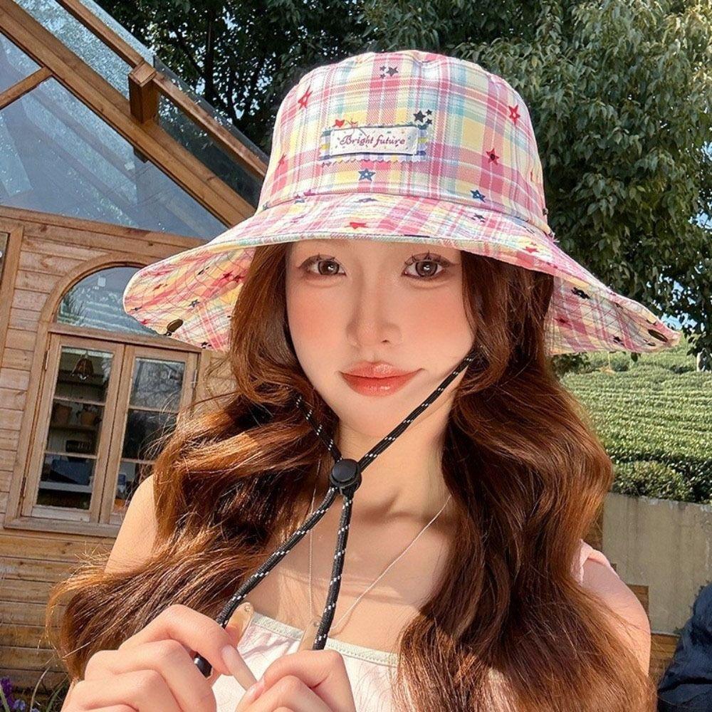 Sweet Star Women Sun Hat Sun Protection Breathable Plaid Fisherman Hat Adjustable Japanese Style Sunscreen Bucket Hat Summer