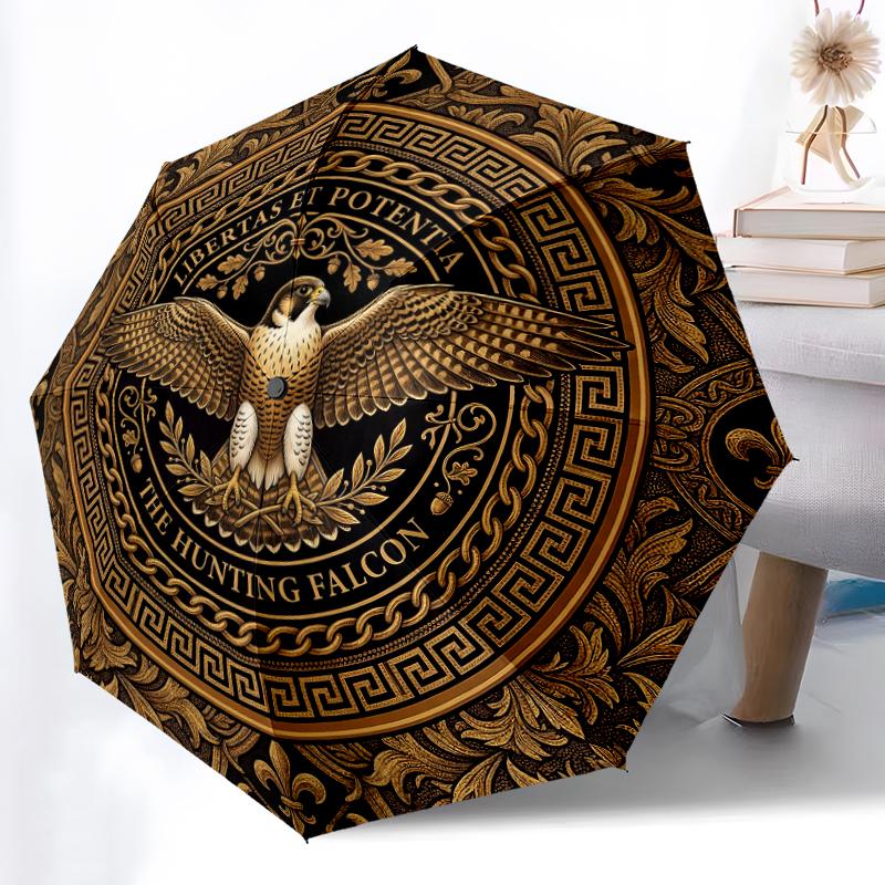 1pc Sturdy 8-Bone Auto Umbrella, Golden Regal Falcon Umbrella, Digital Printed, Foldable Umbrella for On-the-Go Outdoor Use