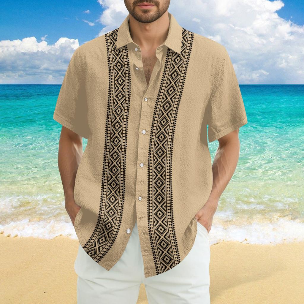 Men's Fashionable Casual Loose Striped Printed Beach Short-sleeved Shirt