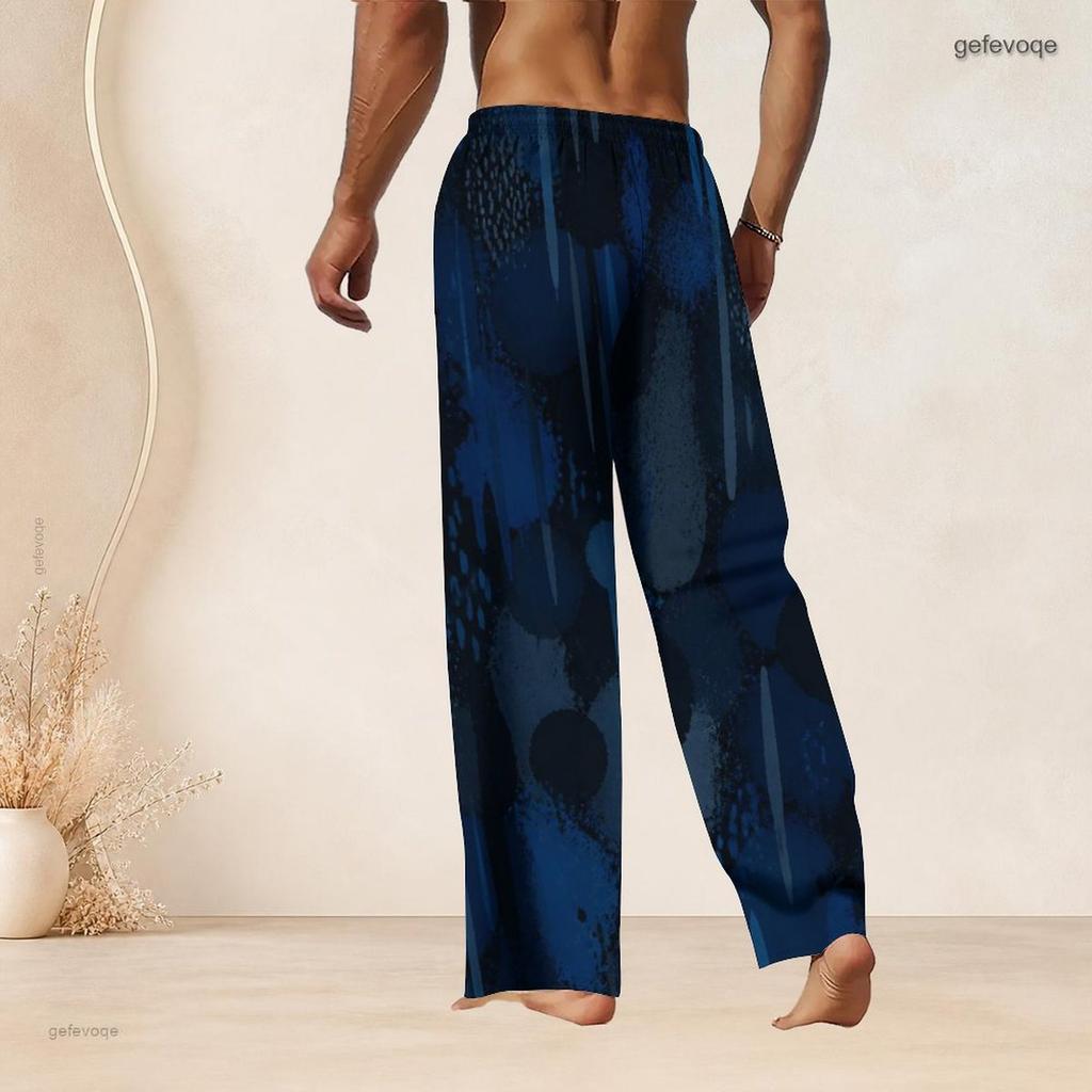 Men S Plus Size Blue Black Ink Splash Printed Drawstring Waist Straight Leg Full Length Beach Pants
