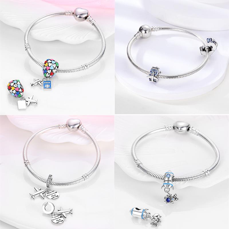 Copper Travel Suitcase Airplane Camera Pendant Fit Original Bracelet Charm Bead Necklace Diy Female Jewelry