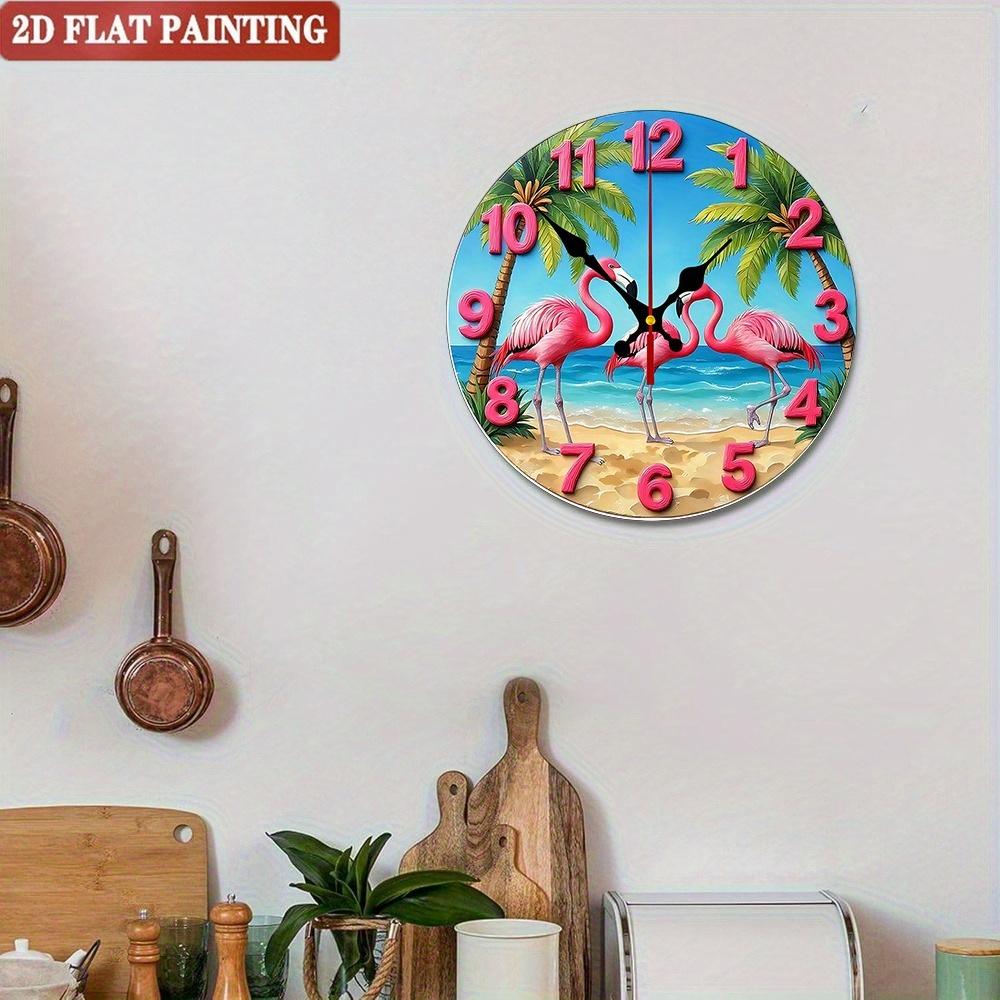 Tropical Flamingo Wall Clock. Round Coastal Design for Living Room or Bedroom.