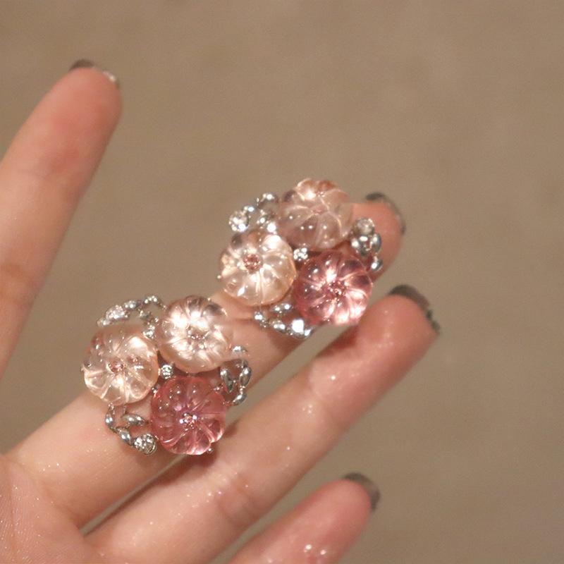 Mori Style Silver Needle Floral Glass Grape Tassel Earrings – Elegant High-End Design