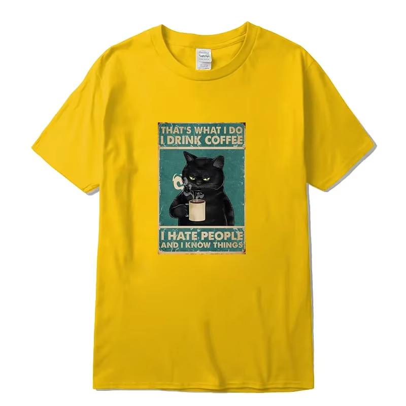 Summer casual cool loose mens Oneck Tshirt mens top mens Tshirt highquality 100 pure cotton fun cat drink coffee print