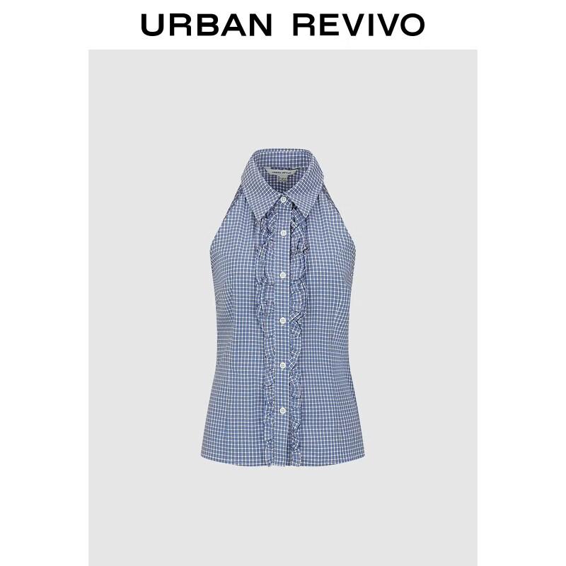 Women s Sleeveless Plaid Lapel Tie-Waist Shirt S