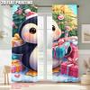 2pcs,2D Plane Printing Curtain Popular Merry Christmas Penguin with Santa Hat & Candy Canes Polyester Easy Install (without Rod)