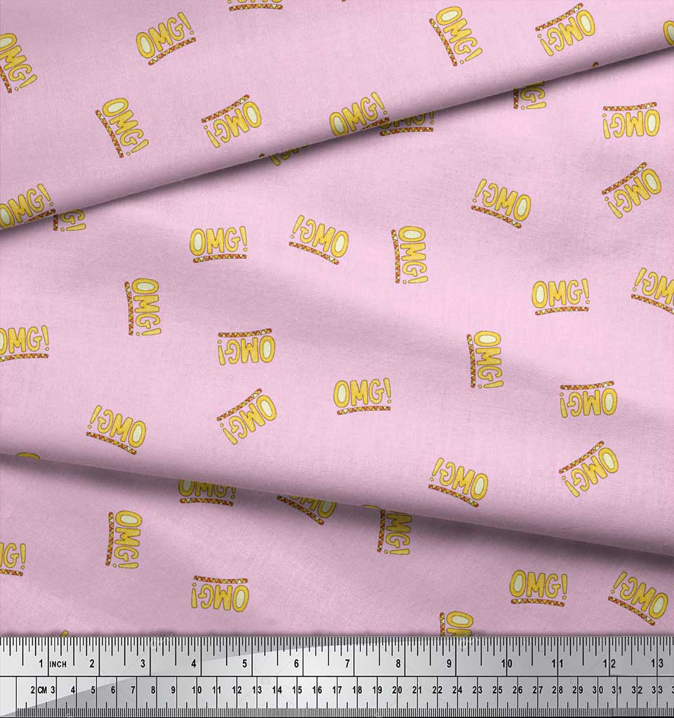 Soimoi Pink Japan Crepe Satin Fabric OMG Text Print Fabric by metre 42 Inch
