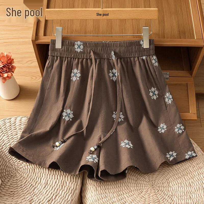 Women s Embroidered Drawstring High-Waist Loose Shorts M