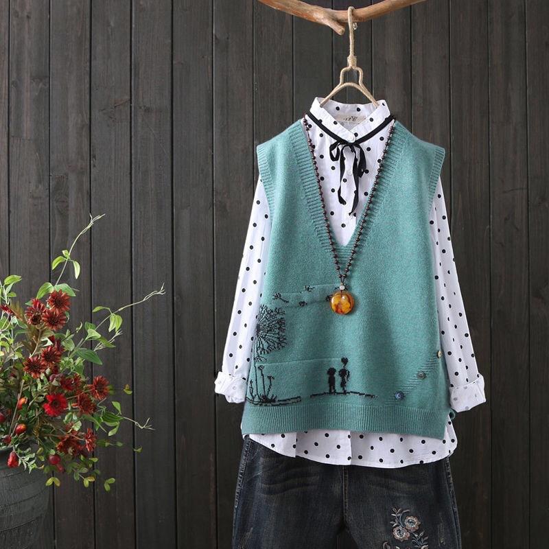 

Knitted Vest Waistcoat Embroidered Vest Knitted Waistcoat Loose Sleeveless Sweater for Women In Autumn and Winter XXL зелёный