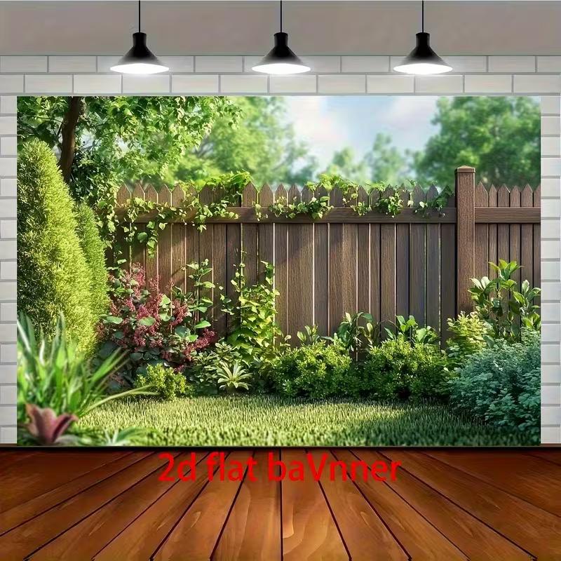 2D Picket Wood Fence Mixed Green Bush Garden Photo Backdrop Cloth