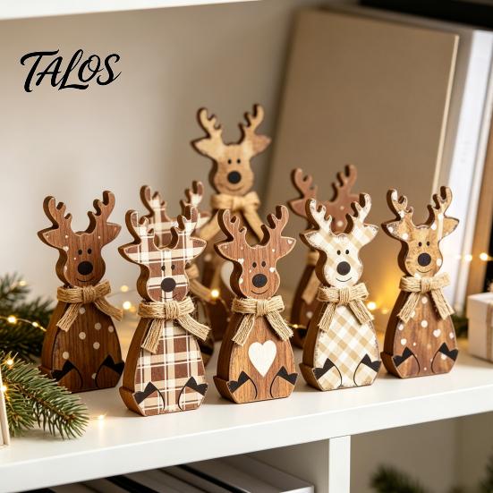 Winter Wonderland Party Decorations Wooden Christmas Tabletop Decor, Rustic Reindeer Animal Figurines, Farmhouse Style Plaid Fabric Bow Holiday