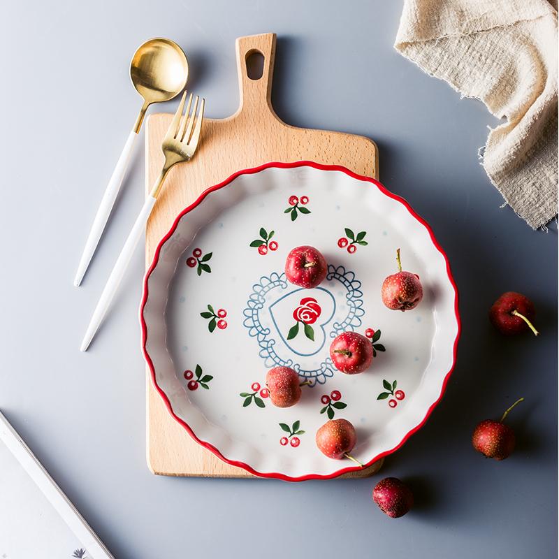 9.6 Inch Red Cherry Baking Plate Ceramic Dinner Dishes Pasta Rice Backed Plate Baking Tray Ovenware Dinner Plate