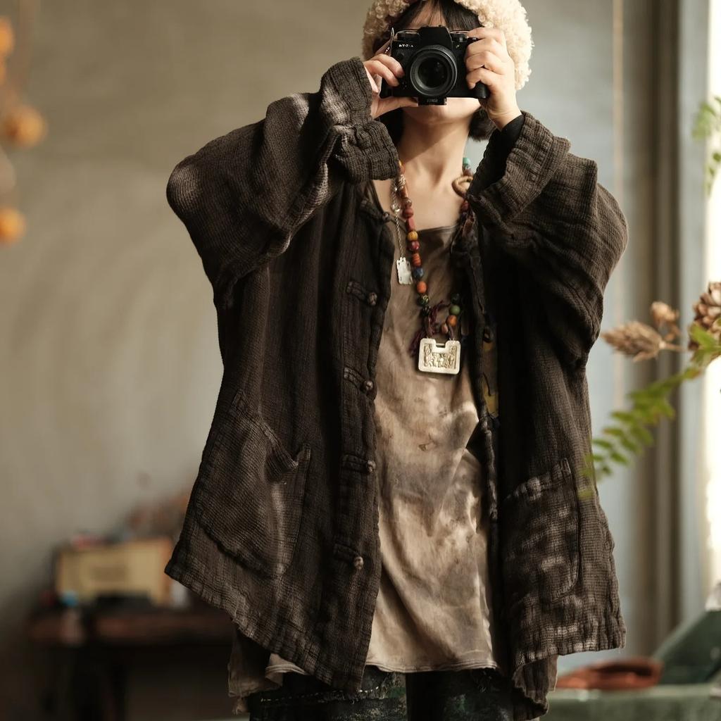 Johnature Women Vintage Shirts Tops Stand Long Sleeve Patchwork High Quality Thick Button Shirts