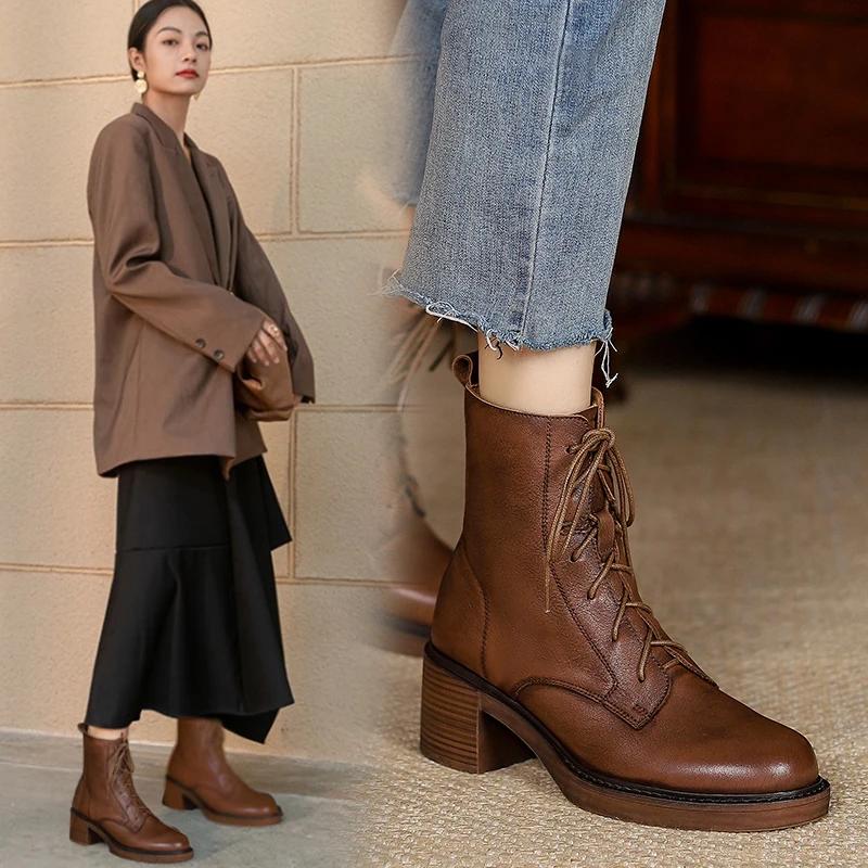 Winter Genuine Leather Women Boots Round Toe Thick Heel Lace Up Fashion Ankle Boots Retro Boots Platform Shoes Heels Grown