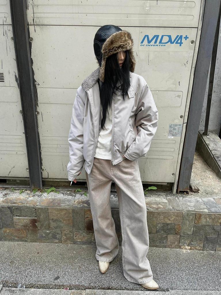 Cement Gray Winter Warm Fur Collar Cotton Harrington Bomber Jacket