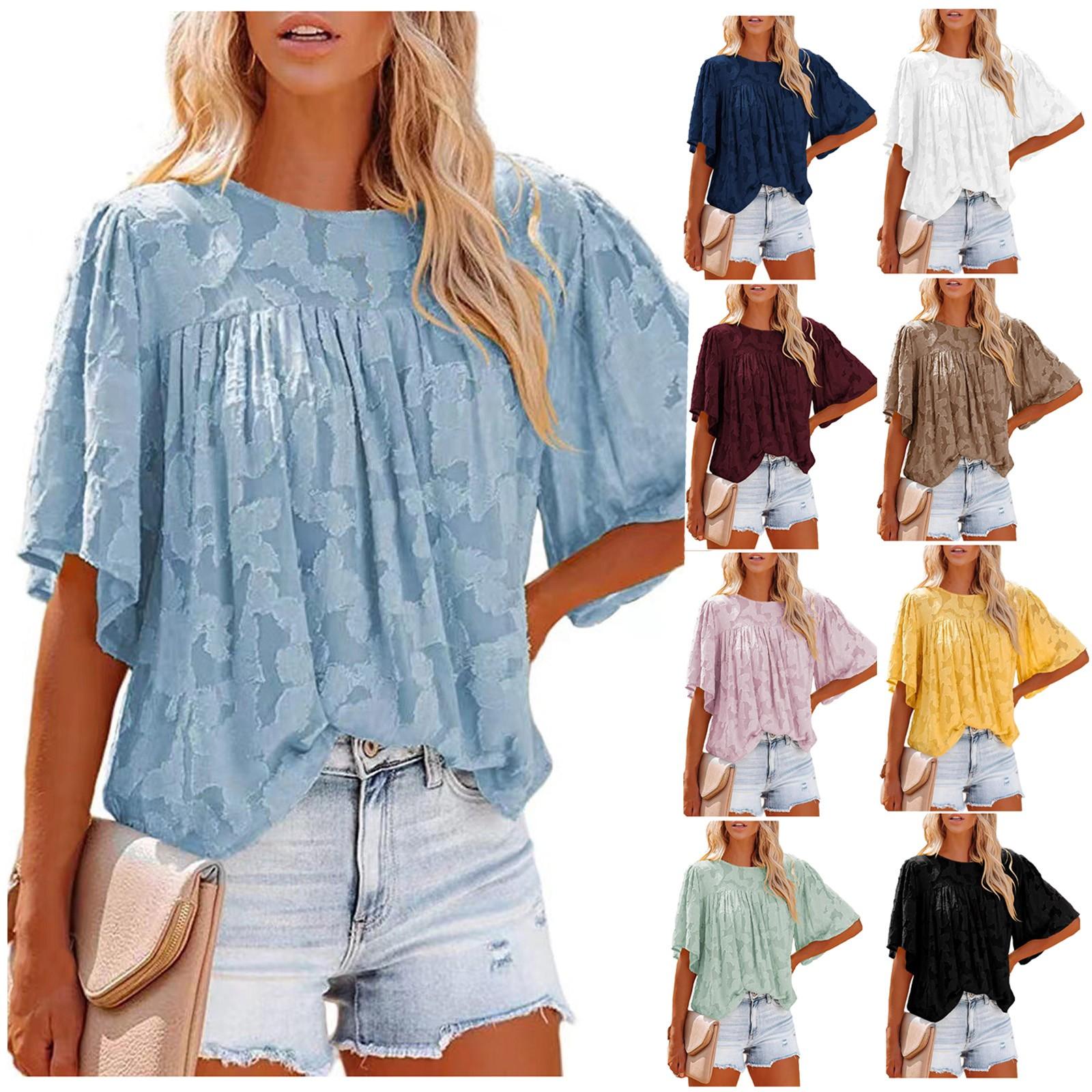 

Женская блузка с рукавами колокольчик 3/4, летние кружевные топы с круглым вырезом, текстурированные рубашки Babydoll с цветочным принтом, S-2XL