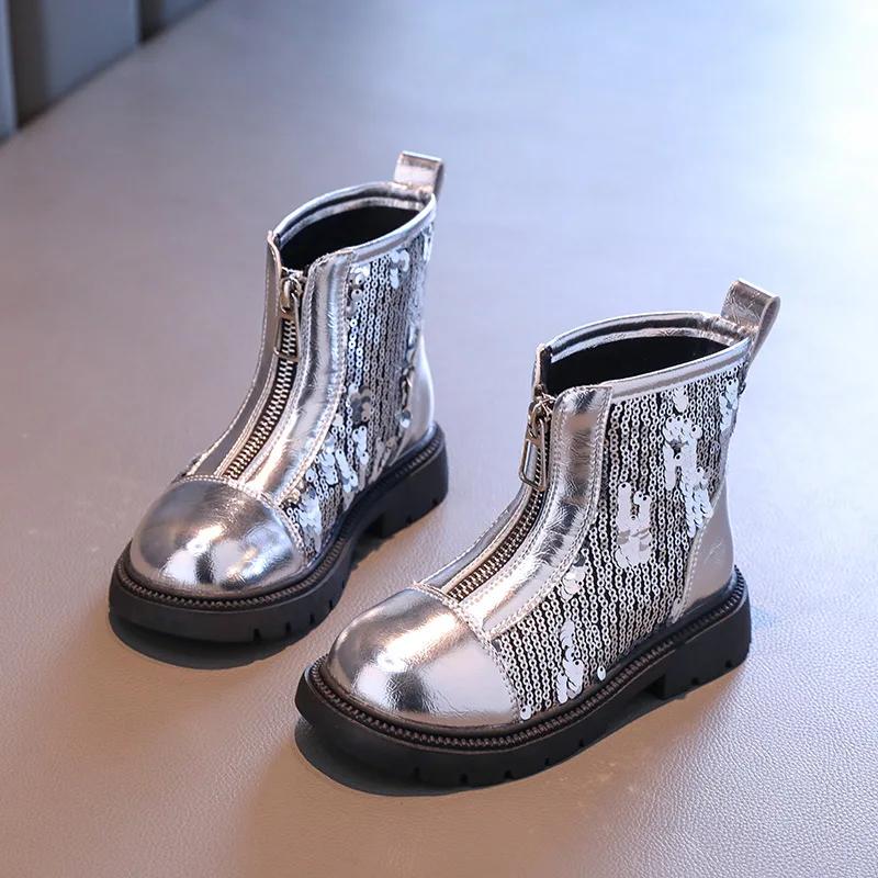 New Spring Autumn Girl's Ankle Boot Sequins Versatile Kids School Black Boots Fashion Causal Children Patchwork Leather Boots