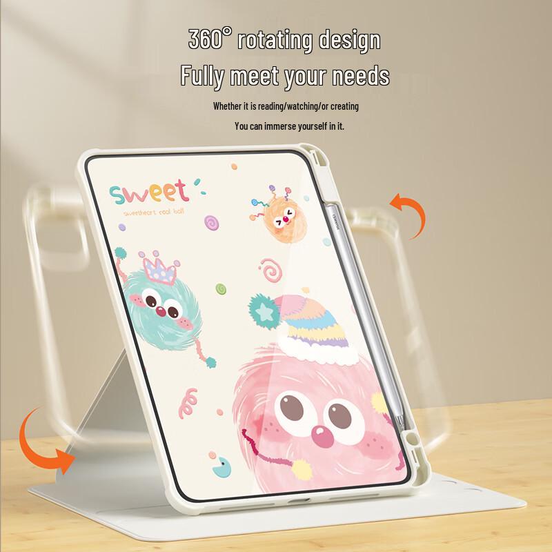 QBOSS Huawei MatePad Rotating Case with Pen Slot - Colorful Sootball Design