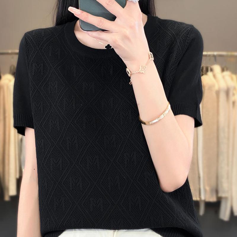 

Новый летний свитер из ледяного шелка с круглым вырезом для женщин, футболка с коротким рукавом, жаккардовый, свободный, универсальный, вязаный базовый свитер XXL чёрный