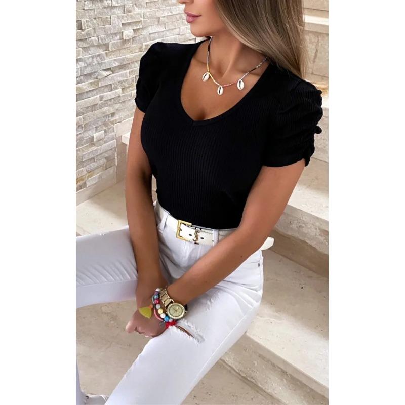 2025 Spring Summer Women's T-shirt V-neck Thread Casual Fashion Solid Color Pullover Bubble Sleeve Short Sleeve Women's T-shirt