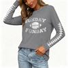 Women's Fashion Long Sleeve Neck Top with Rugby Graphic Print and Side Split Hem